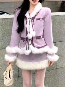 Рабочие платья Фиолетовый элегантный комплект Женская куртка с воротником из искусственного меха Мини-юбка с высокой талией Осень-зима одинаковое пальто из 2 предметов