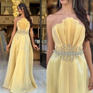 Elegant Gold Evening Dresses A Line Strapless Crystal Waist Formal Party Prom Dress Ruffle Dresses for special occasion YD