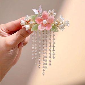 Hair Clips Chinese Clip With Flower Decor Glaze Flroal Setting Hairpin Weaving Jewelry For Hairstyle Hanfu Parties Accessories