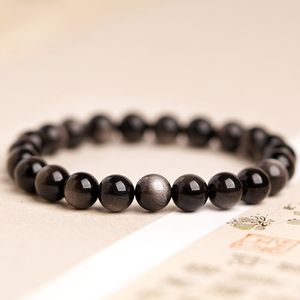 MG1600 Strand 8 MM Genuine Silver Sheen Black Obsidian Wrist Mala Bracelet High Quality Mens Negative Energy Protection Bracelet