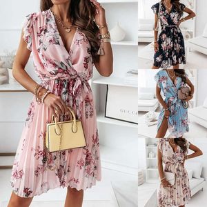 New Floating Sleeves Wrapped Waist Fragmented Flower Pleated Dress