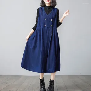 Vestidos casuais coreano estilo japonês v-pescoço duplo breasted chique menina lavado outono denim vestido rua moda mulheres primavera tanque