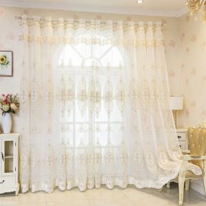 Cortinas de luxo pérola bordado para sala estar villa estilo europeu frisado superior rendas tule cortina luz filtragem