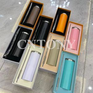 Designer straight tumblers Letter Print Stainless Steel Vacuum Insulated Slim Cup Car Coffee Mugs with Straw and brush