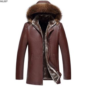 Middle Aged Mens Raccoon Fur Collar Fur Medium Long Thickened Leather Coat One Piece