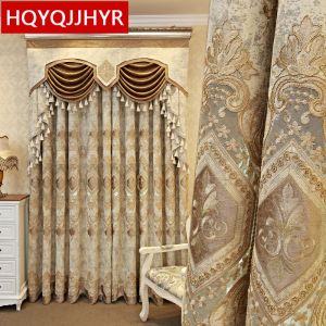 Curtains European and American luxury high quality elegant beige chenille embroidered blackout curtains for living room windows bedroom