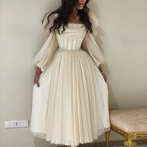Sulead vestido dubai bege curto árabe noite com mangas compridas pescoço quadrado chá comprimento midi feminino vestidos de festa de casamento 240320