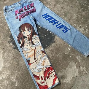 Kvinnors jeans harajuku anime grafisk baggy tjej tryck denim y2k byxor män kvinnor goth breda byxor hög midja