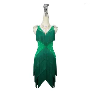 Stage Wear Green Latin DanceTassel Competition Costume Sexy Women's Backless Short Skirts Ballroom Practice Party Big Size Dress