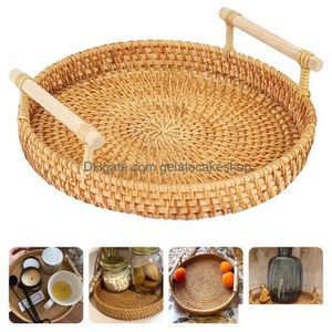 Bandejas de café da manhã exibir armazenamento cesta de vime organizador bandeja de rattan com alça redonda placa de comida frutas entrega casa jardim hou dhzte