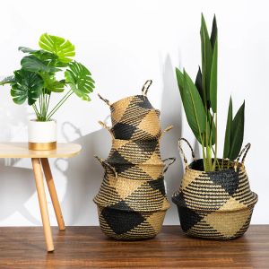 Cesta de armazenamento cesta tecido seagrass dobrável cesto de jardim pendurado vaso de flores lavanderia roupas sujas cestas de armazenamento decoração para casa