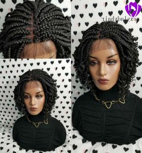 Africa American Women Braids Ręcznie robione pełne pudełko Peruk Braid Black Brownombre Krótki zaplatany koronkowy przednia peruka z kręconymi EN2437537