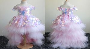 Sparkly Pink Hi Low Little Girls Pageant Dresses with Sleeves off shoulder Tulle Ruffles Big Sequins Flower Girl First Communion D3151881