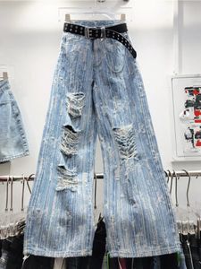 Striped Ripped Jeans for Women Spring Autumn Washedout StraightLeg Pants Denim High Waisted Vintage Clothes 240307