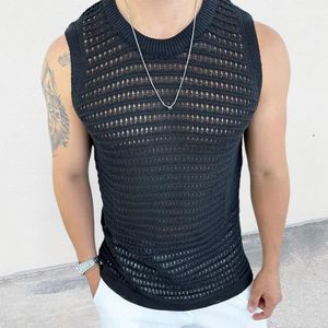 Hip Hop Men Tank Top Knitted Hollow Out Breathable Loose Vest Mens Y2K Mesh Crochet Knit Tops Sleeveless Transparent Sexy Tanks 240313