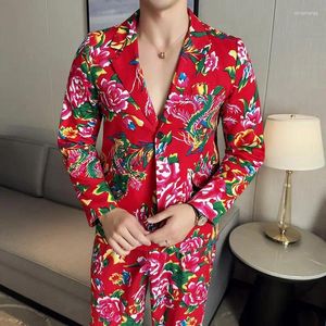 Men's Suits 2024 Men Fashion Casual Suit Creative Northeast Chinese Style Flower Print Funny Party Performance Trousers Set