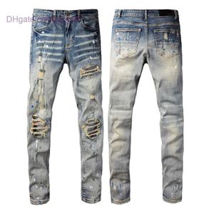 Designer Men's Jeans American Style High Street Distressed Patch Live Broadcast Paint Blue Classic Elastic Jeans