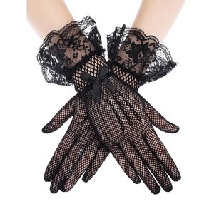 Fem fingrar handskar kvinnor svart vit sommar uv-proof kör brud mesh fisknät spetsblommor mittens full finger flickor bröllop23y