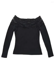 Women's T Shirts Women Y2K Lace Patchwork Crop Tops Sexy Off Shoulder Long Sleeve Solid Color Slim Fit T-Shirts Teen Girls Vintage Blouses