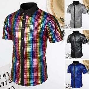 Herren T-Shirts Männer Club Disco Shirt Vintage 70s mit reflektierenden Pailletten Turndown-Kragen Kurzarmknopf für Partys