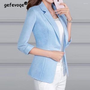 Women's Suits Korean Fashion 3/4 Sleeve Solid Slim Cotton Linen Blazers Jacket Spring Summer Elegant Office Lady Casual Thin Suit Coat