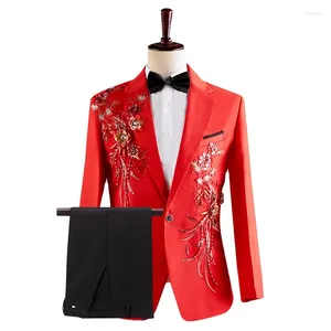 Herrenanzüge, eleganter, applizierter zweiteiliger Anzug für Hochzeitsbankett, Host, Tanz, Abschlussball, Herren-Blazer im chinesischen Stil