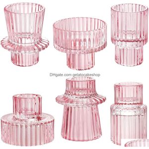 Portacandele Candeliere in vetro rosa nordico Candele coniche europee Supporto da tavolo Piccolo portacandele Decorazione domestica Consegna a goccia G Dhpz9