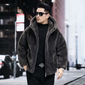 Simone Reinas New Haining Wool Loose Hooded Leather and Integrated Sheep Fleece Fur Coat for Mens Winter