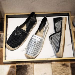 2024 Marca Triângulo Mulheres Sapatos Casuais Alpercatas Planas Strass Cristal Embelezado Loafer Pescador Sapato Sandálias Verão Palha Sola Sapatilhas de Lona 36-42