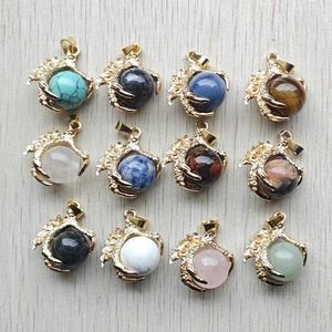 Pendant Necklaces Fashion Gold Color Dragon Claw Hold Natural Stone Round Bead Pendants For Jewelry Making 12pcs Wholesale