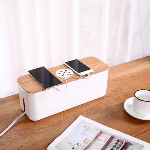 Chargers Cable Storage Box with Wooden Cover Dustproof Charger Socket Organizer Phone Power Line Storage Case Home Cable Wire Management