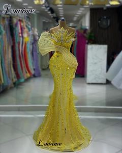 Runway Dresses Fashion Yellow Celebrity For Women Beaded Sparkly Prom Mermaid Vestidos De Gala Crystals Evening Gowns