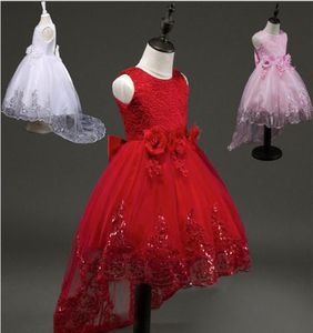 2017 Moda Flower Girl Abito da damigella d'onore Bambini Maglia rossa Trailing Farfalla Ragazze Abito da sposa Bambini Abito da ballo Arco ricamato P6221619