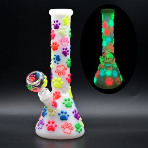 White Jade Glass Water Pipe,Cute Cartoon Glass Bongs,Borosilicate Glass Bottle With Colorful Luminous Cat Paw,Glass Hookah,Hand Painted,Smoking Accessaries,10in