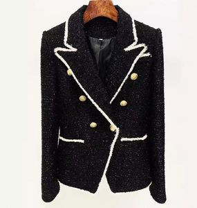 하이 스트리트 최신 패션 2024 디자이너 재킷 여성 슬림 피팅 라이온 버튼 대비 색상 프린지 트위드 블레이저 우아함