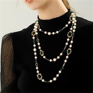 Vintage Pearl necklace Handmade glass turquoise long necklace for women Sweater chain small fragrance ornaments