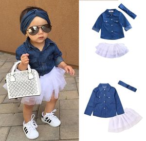 Bebek kız denim moda seti giyim çocukları uzun kollu gömlekler topshorts etek headband 3pcs kıyafetler çocuk izi 6075551