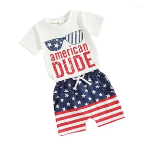 Giyim Setleri 2 PCS Toddler Bebek Bebek Yaz Kıyafetleri Kısa Kollu Amerikan Dude T-Shirt Yıldızlar ve Çizgiler Şortları Set Bebek 4.