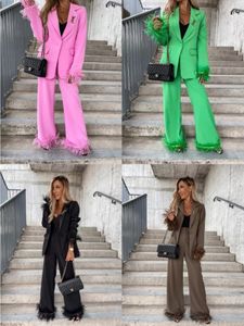 Feathers Sleeve Blazer Feathers Pant Sets Women Fashion Single Button Jacket Zipper Trousers Spring fall Office Outfits Outwear