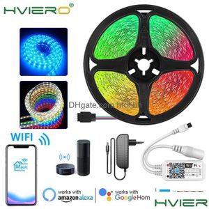 Tiras LED Strip Light com 2835 5050 RGB Leds Luzes 5M Seguro Epoxy Wifi Voz Bluthtooth Smart Phone App Controller Lâmpada Decorativa Dhxdl