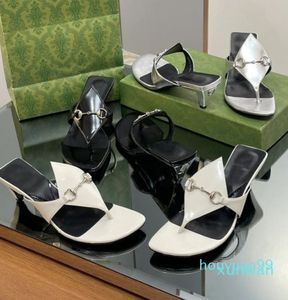 Designer -Women Leather Sandals Large Size Metal Buckle Fur Insole Spike Heel Casual Low Heeled Clip Toe Slipper