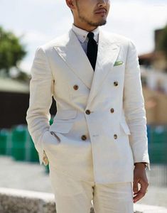 Ternos masculinos 2 peças branco duplo breasted sólido 2 peças fino ajuste terno masculino notch lapela um botão smoking jaqueta calças conjunto (calça blazer)