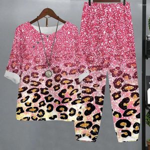 Women's Two Piece Pants Women Loose Fit Outfit Leopard Print Spring Top Set With Retro Button Decor Elastic Waist Wide Leg Soft For A