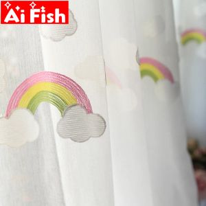 Vorhänge, koreanische bestickte weiße Wolke und Regenbogen, transparente Fenster-Schlafzimmer-Vorhänge, Baumwoll-Flachs-Paneele, Tüll-Voile für Wohnzimmer #5