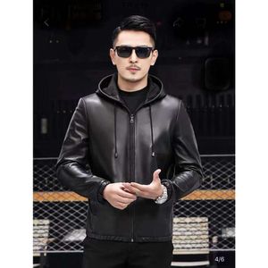 Spring and Autumn Mens Hooded Sheep Leather Clothes Haining Fur Casual Winter Black Jacket