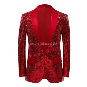 Abiti da uomo Uomo Elegante Raso Viso Paillettes Completo Cappotto Giacca con motivo floreale Bling Glitter Discoteca Prom DJ Blazer Abiti maschili