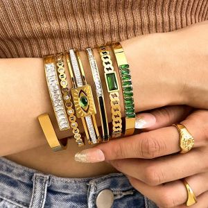 Trendy Chic Green Zircon 14k Yellow Gold Bangle Bracelets for Women Charm Texture Simple Golden Accessories