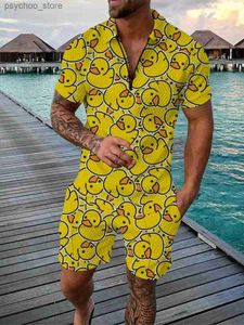 Tute da uomo Interessante polo da uomo stampata in 3D con anatra cartone animato con cerniera, collana con risvolto e pantaloncini 2 pezzi di abbigliamento per le vacanze hawaiane Q240314