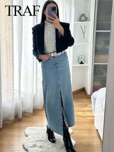 TRAF 2023 Women Fashion Front Front Slit Blue Denim Skirt High Weist Pockets Slim Zipper Fly Midi Temal