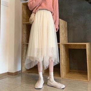 Kjolar kvinnors mesh midi kjol fast färg oregelbunden hem a-line spets vår sommar fairycore flowy tulle